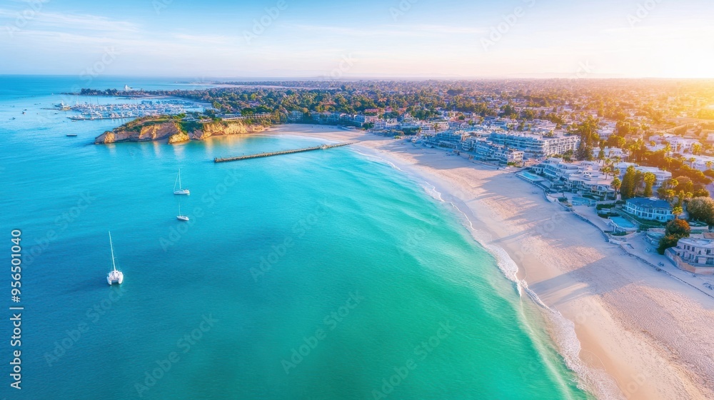 Fototapeta premium an aerial view of a coastal city, where urban sprawl meets the ocean, with sandy beaches, docks, and a harbor filled with boats