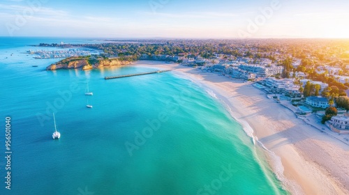 an aerial view of a coastal city, where urban sprawl meets the ocean, with sandy beaches, docks, and a harbor filled with boats