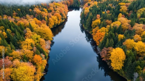 an aerial view of a dense forest with a river cutting through, the trees showing vibrant autumn colors, and the river reflecting the sky