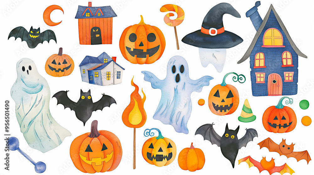 Halloween characters and symbols on white background. Halloween seamless pattern, Halloween background with pumpkins, monsters, ghosts, bats, houses on white background. Cover, postcard Halloween characters and symbols on white background. Halloween seamless pattern, Halloween background with pumpkins, monsters, ghosts, bats, houses on white background. Cover, postcard