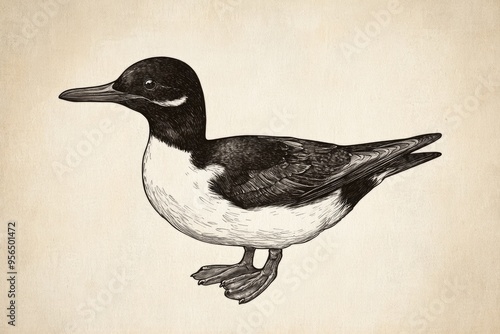 Line art illustration of a Black Guillemot featuring a bill that is significantly shorter than the head and comparable in length to the tarsus in a vintage drawing style photo