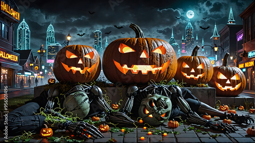A dark and mysterious Halloween cityscape with glowing jack-o'-lanterns leading the way. Perfect for creating Halloween-themed designs, party invitations, and social media graphics.