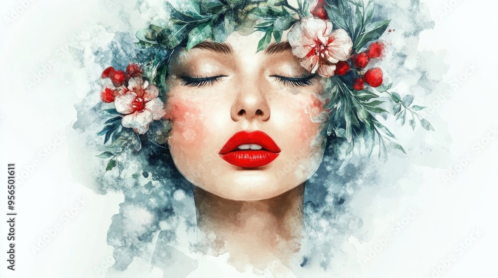 Woman adorned with a floral wreath and red lips in watercolor style Suitable for design and illustration templates Woman adorned with a floral wreath and red lips in watercolor style Suitable for design and illustration templates