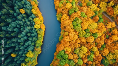 an aerial view of a dense forest with a river cutting through, the trees showing vibrant autumn colors, and the river reflecting the sky