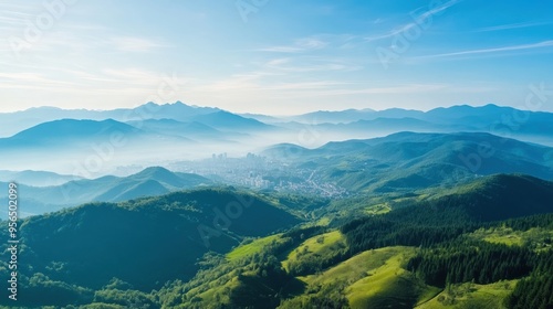 an aerial view of a mountain range on the outskirts of a city, where nature meets urban development, showcasing the contrast between rugged landscapes and modern architecture
