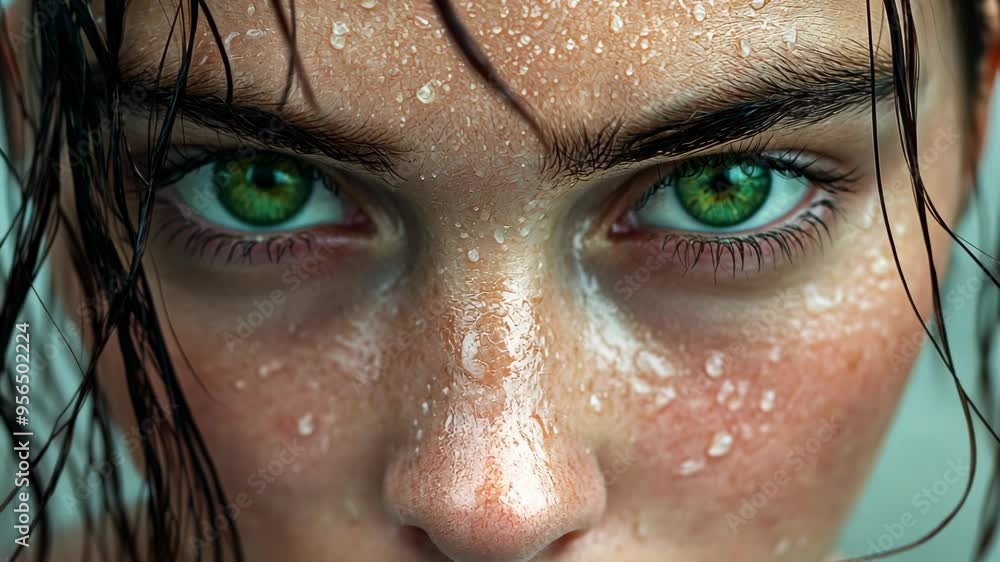 Close-up of a person with striking green eyes and droplets of water on their face illuminated in natural light Close-up of a person with striking green eyes and droplets of water on their face illuminated in natural light
