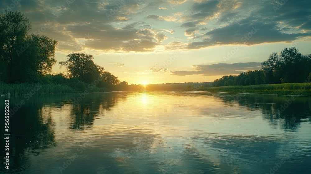 Peaceful river scene with a sunset and trees on the horizon. Peaceful river scene with a sunset and trees on the horizon.