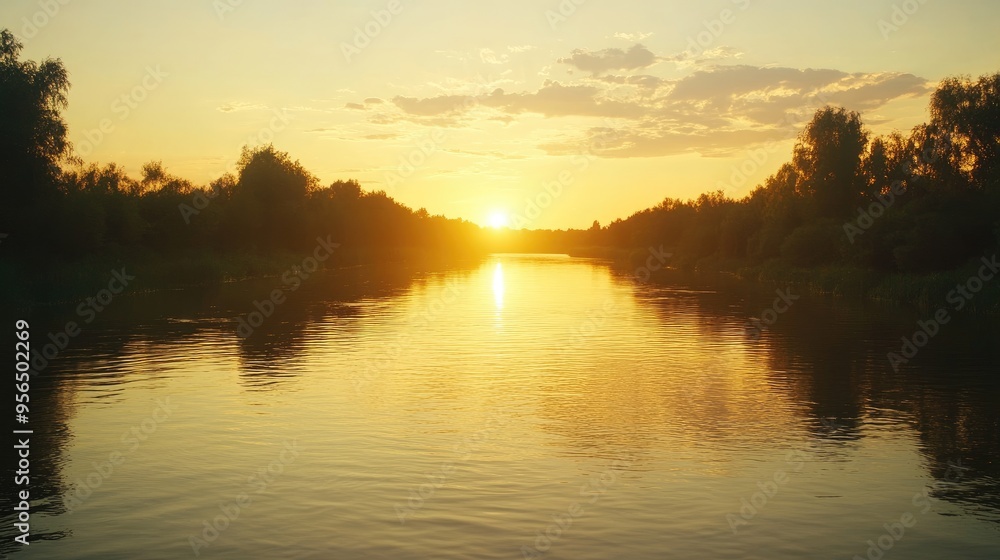 A serene sunset over a calm river, with the golden light reflecting on the water's surface. A serene sunset over a calm river, with the golden light reflecting on the water's surface.