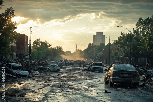 A devastated urban street littered with wrecked and abandoned cars in the aftermath of a natural disaster. 
