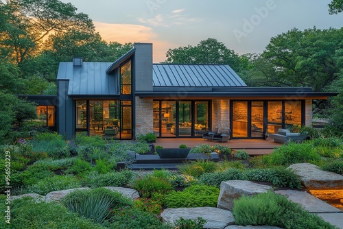 contemporary barndominium at golden hour sleek metal exterior contrasts with warm wood elements surrounded by lush landscape and bathed in soft ethereal light photo