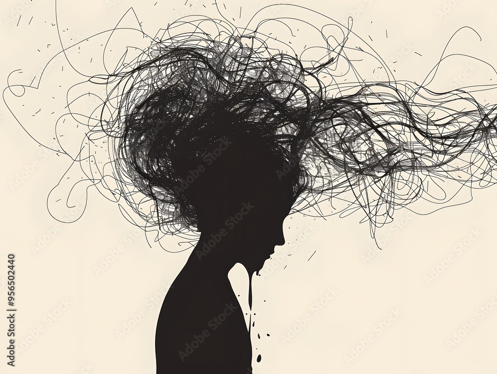 A silhouette of a person with long hair that resembles scribbles, suggesting stress, anxiety, and mental health. A silhouette of a person with long hair that resembles scribbles, suggesting stress, anxiety, and mental health.