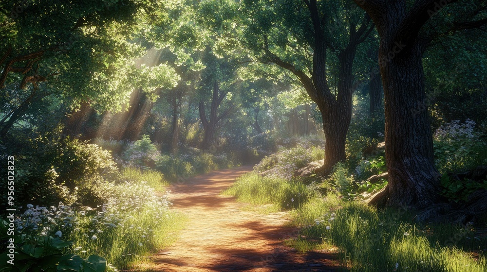 Sunlight beams through the trees as a path winds through the woods. Sunlight beams through the trees as a path winds through the woods.