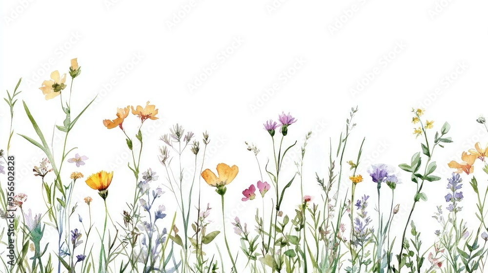 Watercolor illustration of wild herbs and flowers Hand painted meadow featuring grass and wildflowers against a white background Floral border design Watercolor illustration of wild herbs and flowers Hand painted meadow featuring grass and wildflowers against a white background Floral border design