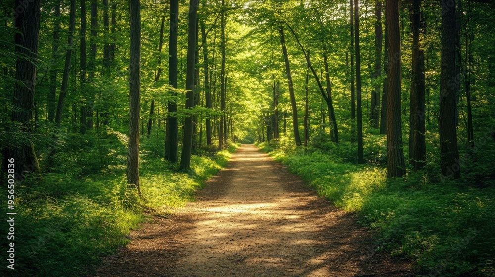 A path through a lush green forest on a sunny day. A path through a lush green forest on a sunny day.