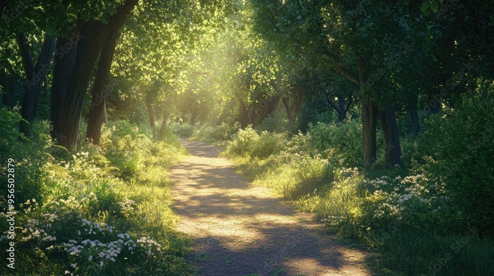 A sun-dappled path winds through a lush forest, sunlight filtering through the trees and illuminating the foliage. A sun-dappled path winds through a lush forest, sunlight filtering through the trees and illuminating the foliage.