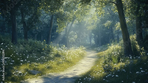 A sunlit path winding through a lush forest, with white flowers blooming on either side.