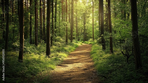 A sunlit path winds through a dense forest, dappled sunlight filtering through the canopy of trees.