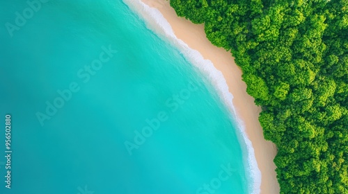 an aerial view of a tropical beach with turquoise waters gently lapping at the shore, surrounded by lush green vegetation