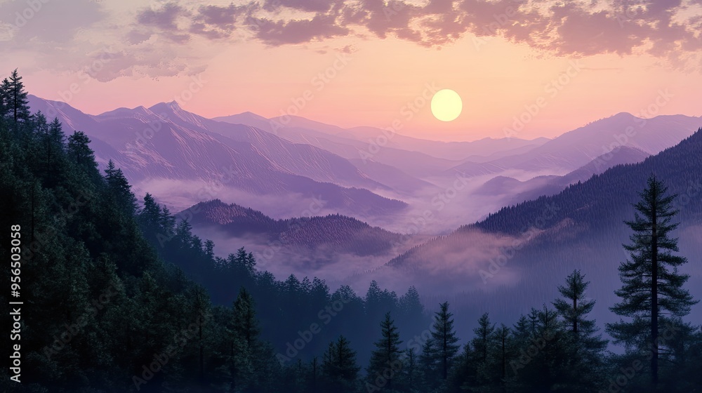 Obraz premium A breathtaking view of a mountain range at sunset, with mist and a bright sun.