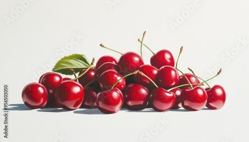 Oil painting of ripe cherries on a hill set against a white background featuring fresh cherries in an isolated composition