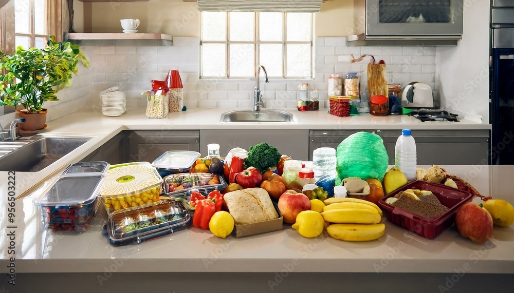 A kitchen scene focused on the process of disposing of food waste at home. A countertop or s A kitchen scene focused on the process of disposing of food waste at home. A countertop or s