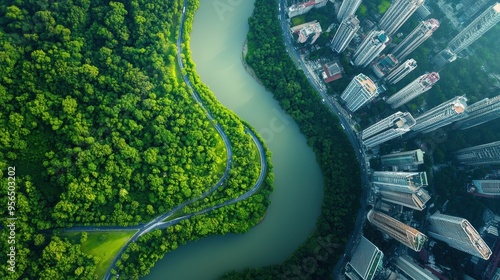 an aerial view of a winding river cutting through a modern city, with bridges connecting different districts and lush green parks along the riverbanks