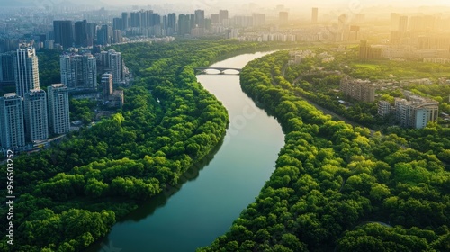 an aerial view of a winding river cutting through a modern city, with bridges connecting different districts and lush green parks along the riverbanks