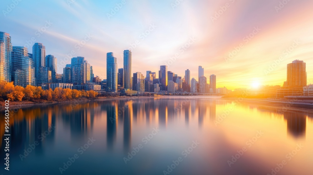 Obraz premium an epic city skyline at sunrise, with skyscrapers reflecting the warm light and a river flowing through the urban landscape, a breathtaking view