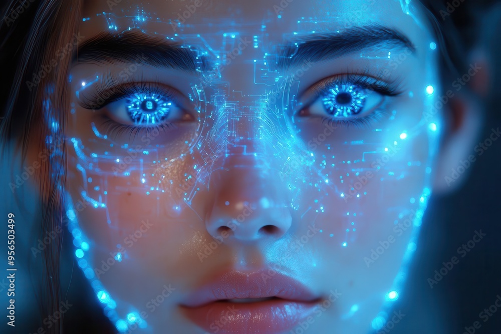 cybernetic portrait merging womans face with circuit patterns neon blue glow contemplative expression exploring humanai convergence cybernetic portrait merging womans face with circuit patterns neon blue glow contemplative expression exploring humanai convergence
