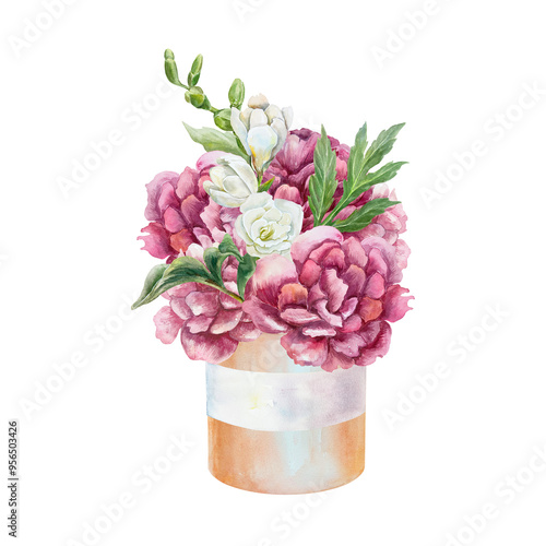 Peonies bouquet with freesia watercolor. Burgundy and white flowers in a cardboard box. Hand drawn illustration isolated. Birthday greeting cards, wedding invitations, labels, banners, posters.