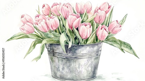 Fototapeta Naklejka Na Ścianę i Meble -  Watercolor spring flowers featuring pink tulip bouquets in a rustic galvanized iron bucket suitable for Easter and Mother s Day greetings