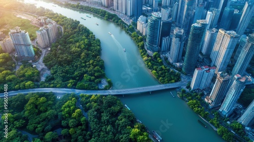 an aerial view of a winding river cutting through a modern city, with bridges connecting different districts and lush green parks along the riverbanks