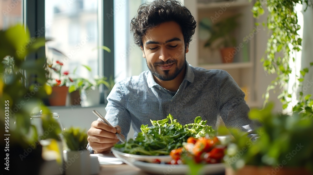 Young indian businessman tasting fresh greens in vegan meal while sitting at office desk in bright apartment Selfemployed worker enjoying nutritious food during lunch hour while teleco : Generative AI Young indian businessman tasting fresh greens in vegan meal while sitting at office desk in bright apartment Selfemployed worker enjoying nutritious food during lunch hour while teleco : Generative AI