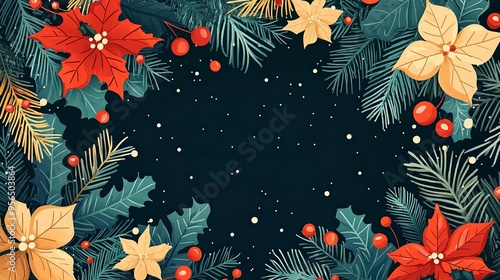 This Christmas image features red and white poinsettias, evergreen branches, berries, and festive decorations on a dark background, creating a warm holiday feeling.