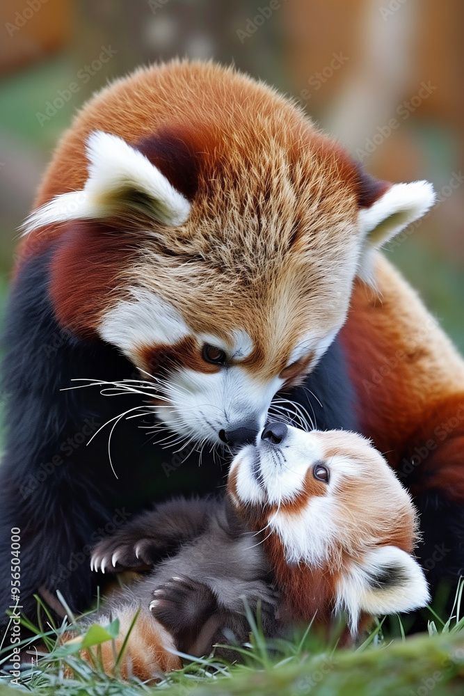 Cute photo of red panda mother kissing her child, lovely motherhood Cute photo of red panda mother kissing her child, lovely motherhood