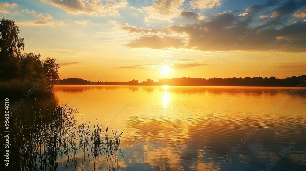 Fototapeta premium A serene lake at sunset, with golden light reflecting on the water.