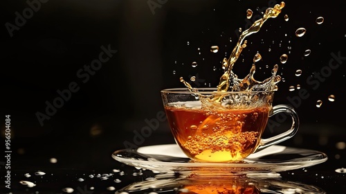 A splash of tea in a glass cup creates a beautiful abstract pattern. The golden liquid is captured mid-air, creating a sense of motion and energy.