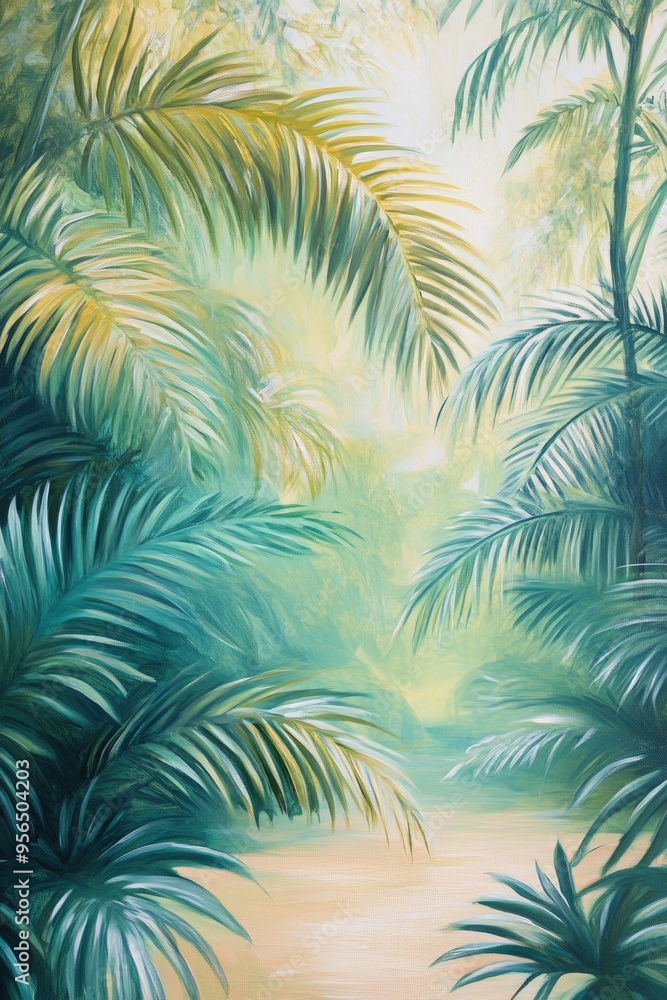 Oil painting depicting a lush green tropical backdrop featuring palm leaves in a garden setting showcasing natural elements and tranquility Oil painting depicting a lush green tropical backdrop featuring palm leaves in a garden setting showcasing natural elements and tranquility