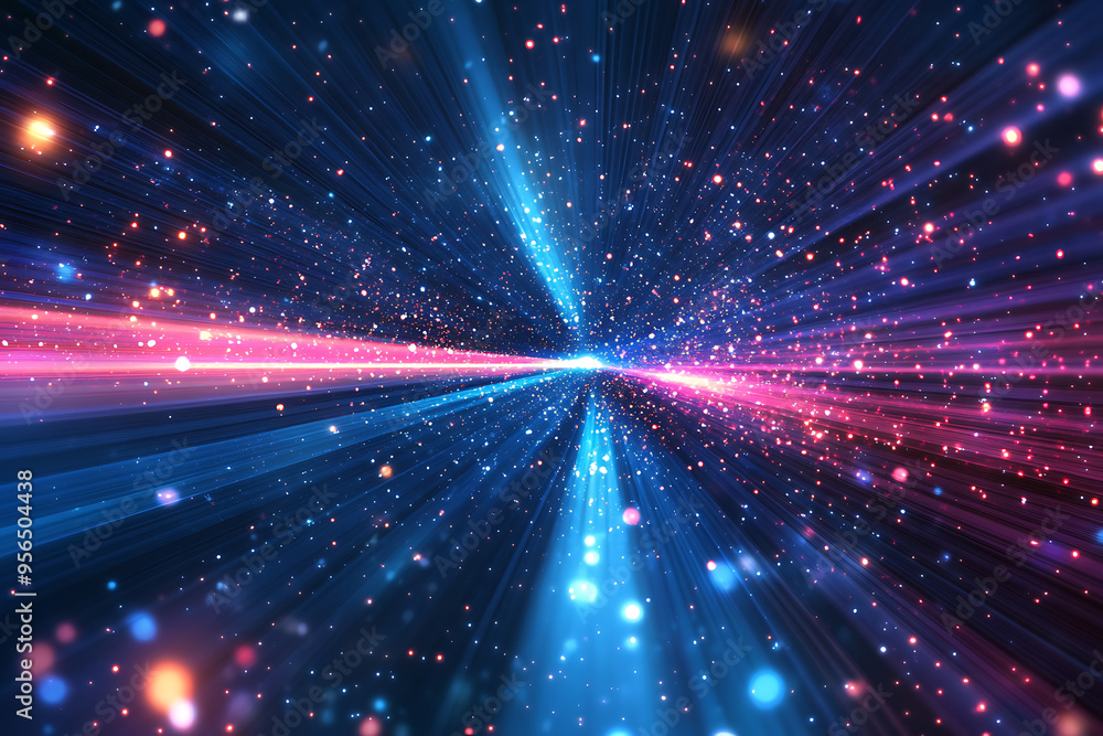 Dynamic abstract image of vibrant light trails and colorful particles converging towards a bright center, symbolizing speed and energy Dynamic abstract image of vibrant light trails and colorful particles converging towards a bright center, symbolizing speed and energy