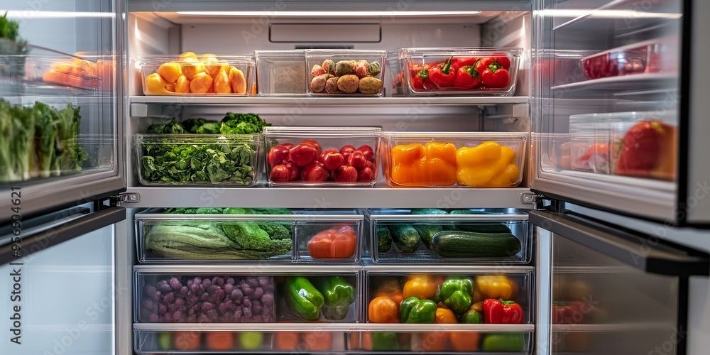 An open refrigerator with fresh produce and vegetables. An open refrigerator with fresh produce and vegetables.