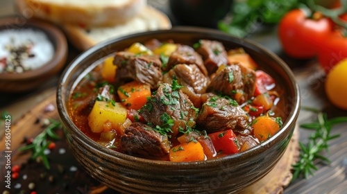 A close-up of a hearty beef stew in a brown bowl, garnished with fresh parsley.