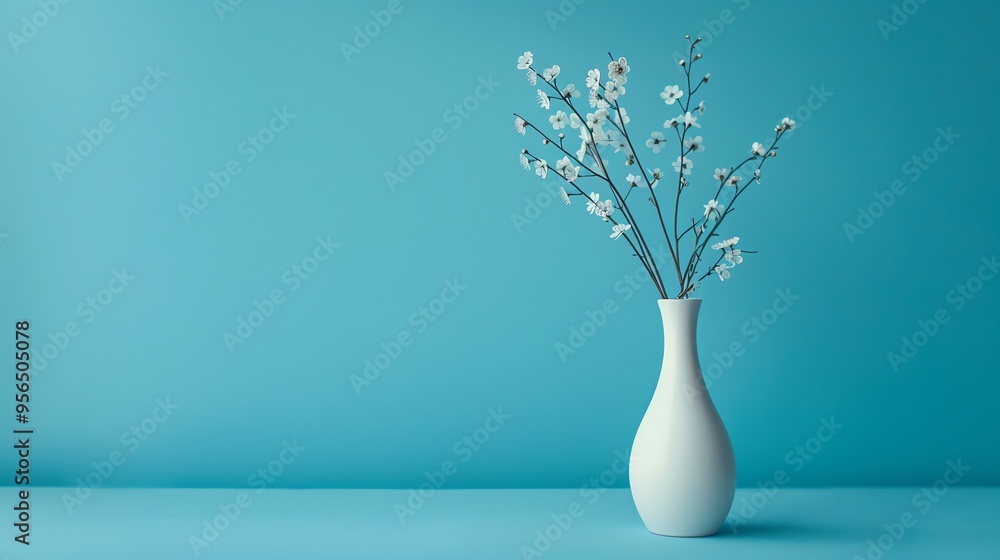 A white vase with white flowers against a blue background. A white vase with white flowers against a blue background.