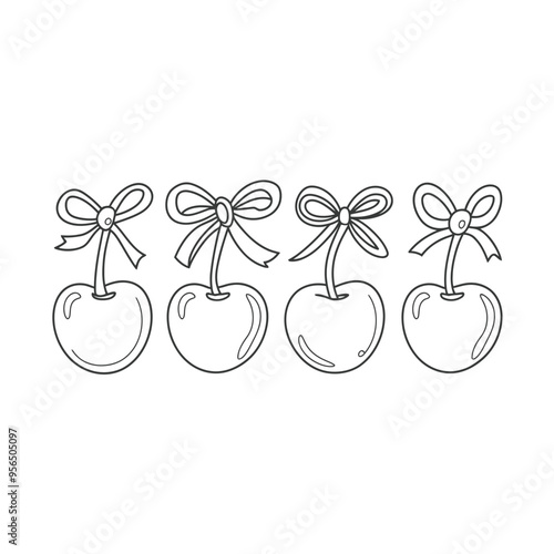 Set of four black and white line drawings of cherries with bows on top