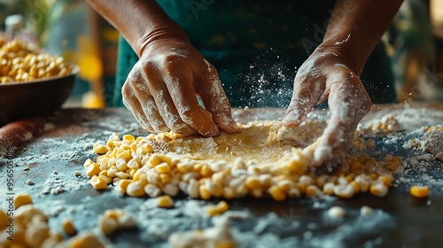 Person kneading nixtamalized corn dough to prepare tamales Typical Mexican food : Generative AI photo