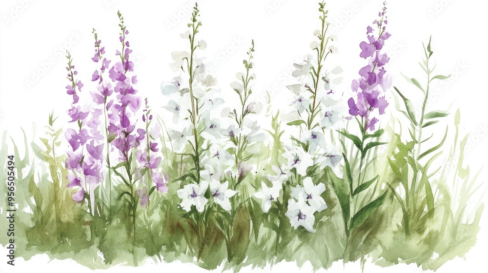 Naklejka premium Watercolor illustration of white and purple fireweed flowers set against a backdrop of lush green grass