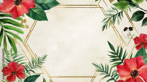 Wedding invitation template featuring a golden polygonal design adorned with red watercolor flowers green leaves and ferns Botanical illustration photo