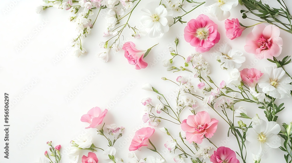 Pink and white flowers arranged on a white background. Pink and white flowers arranged on a white background.
