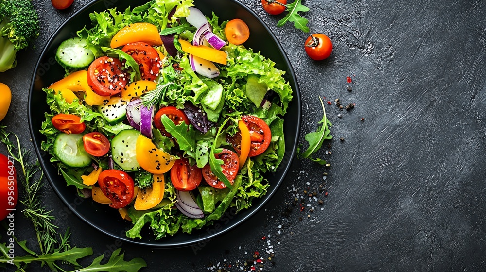 Close up of a fresh, colorful salad on a black plate. Close up of a fresh, colorful salad on a black plate.