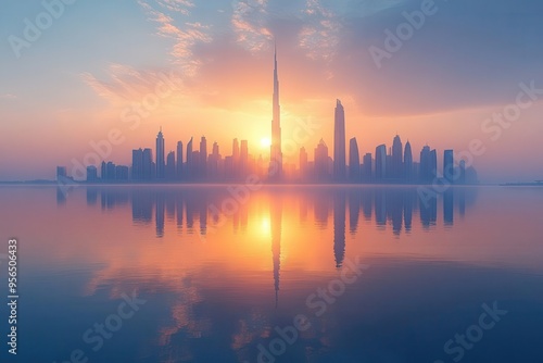 dubai skyline at sunrise with iconic skyscrapers reflected in calm waters warm golden light illuminating sleek architectural marvels against a pastel sky