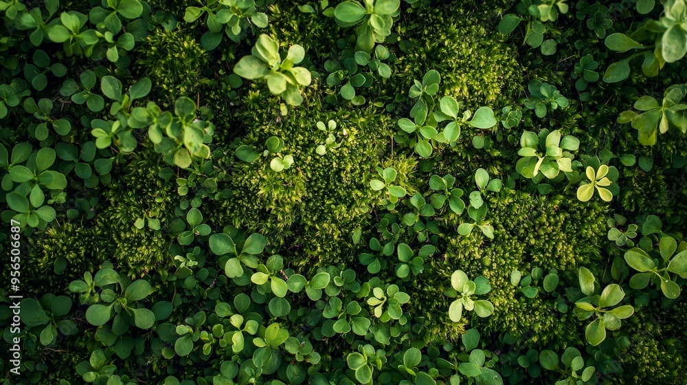 A green moss texture with small plants growing through, natural and organic A green moss texture with small plants growing through, natural and organic